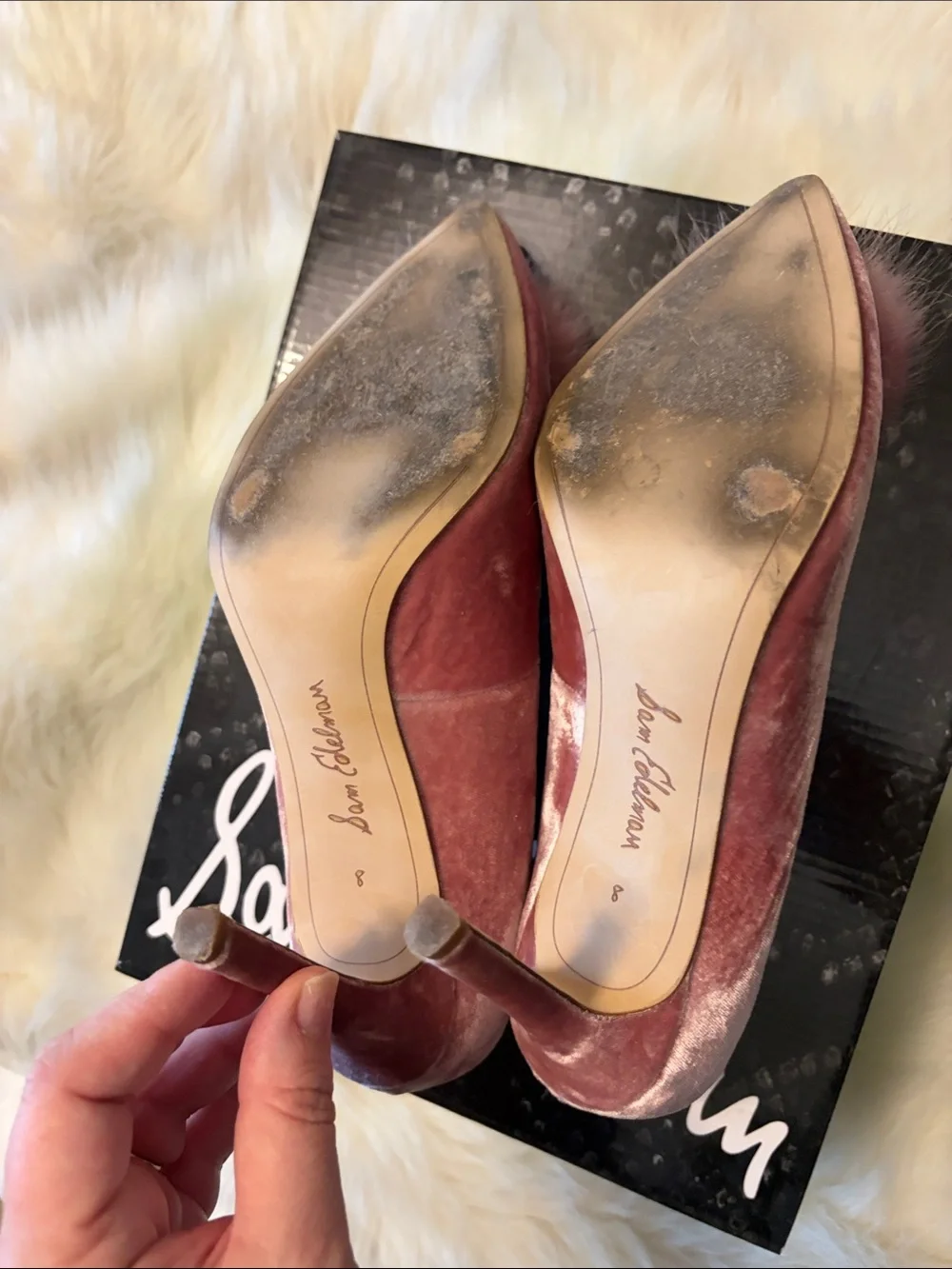 Sam Edelman Pink Velvet Pointed Toe Pumps with Pom-Pom - Picture 6 of 7